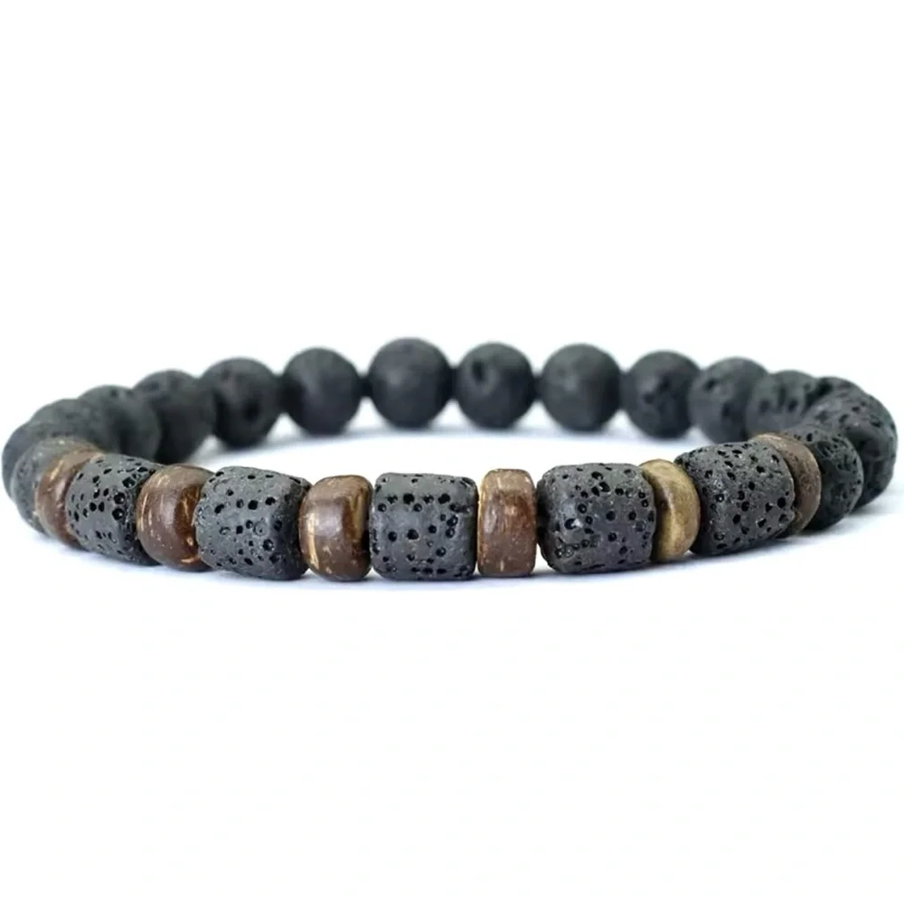 Mens Wood Bracelet Natural Volcanic Beads